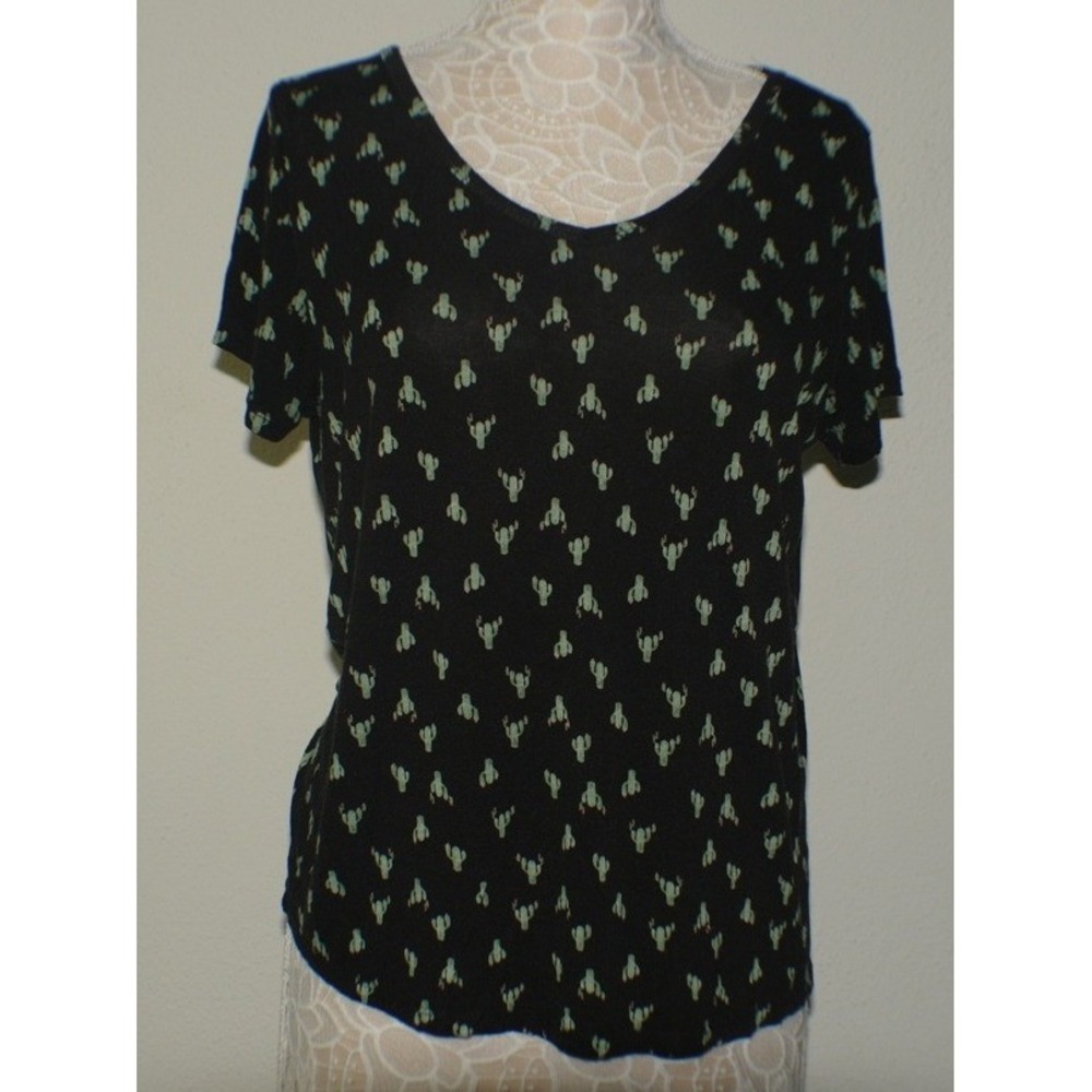 Justify Womens Black Cactus Print Short Sleeve Scoop Neck T-Shirt Large